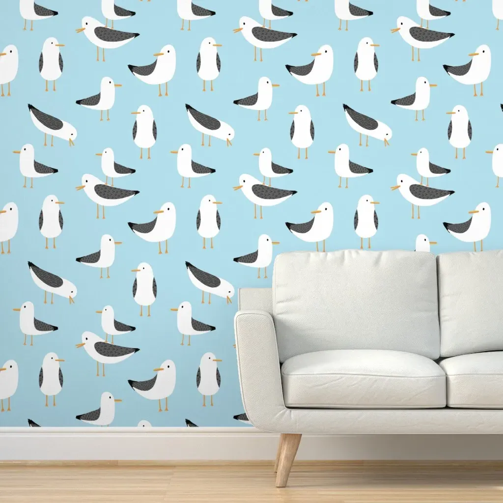 Seagulls Large Scale Peel and Stick Wallpaper - White, Blue product