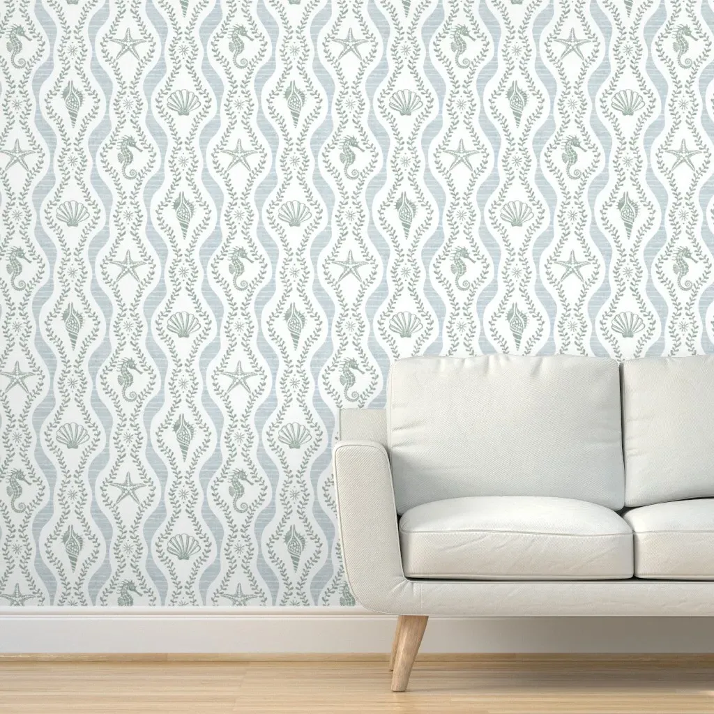 Seahorses Shells Starfish Seaweed Peel and Stick Wallpaper - Pale Green product