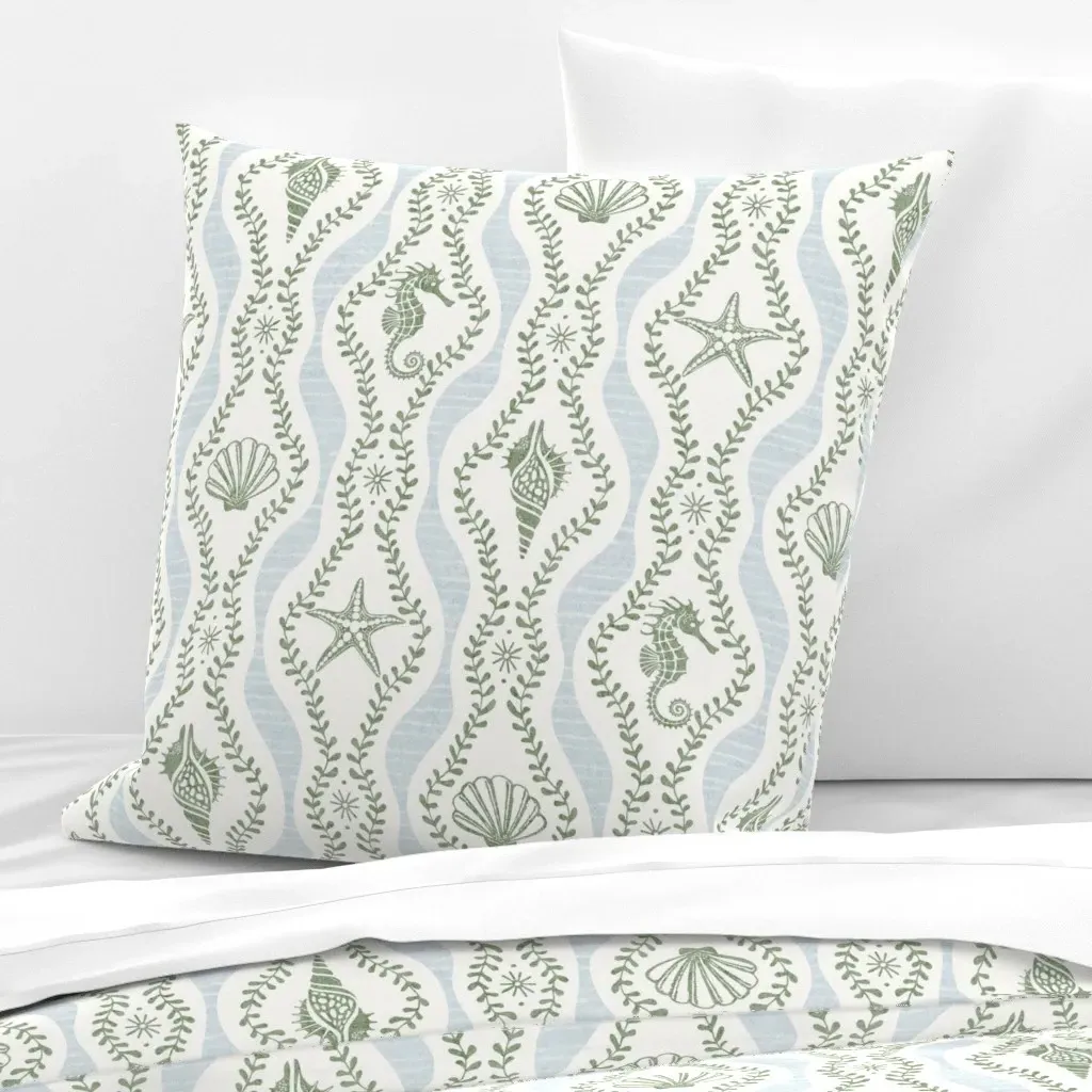 Seahorses Shells Starfish Seaweed XL Euro Pillow Sham - Sage Green product
