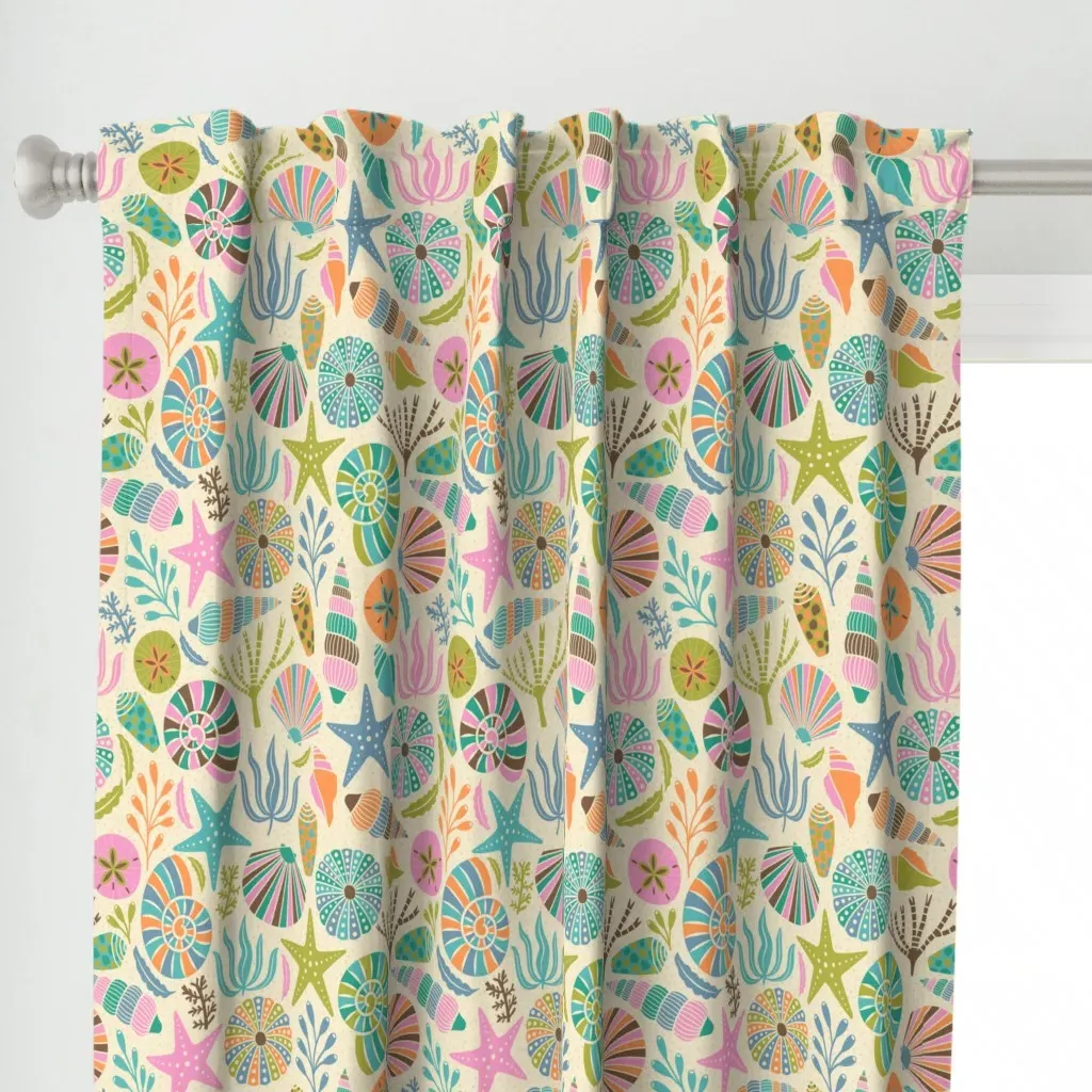 Seashells Retro Print Curtain Panel - Teal alternate view
