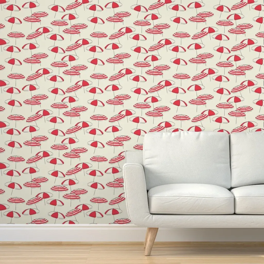 Seaside Summer Beach Umbrellas Peel and Stick Wallpaper - Red product
