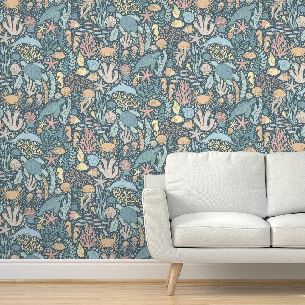 Seaside Tide Pool Underwater Ocean Friends Peel and Stick Wallpaper - Pastel Blue product
