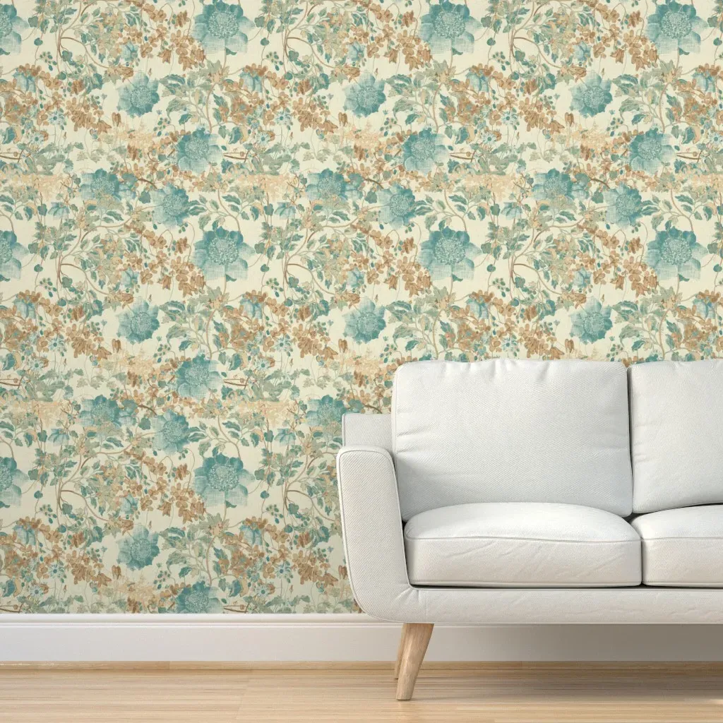Sepia Foliage & Blue Flowers Peel and Stick Wallpaper - Teal, Cream product