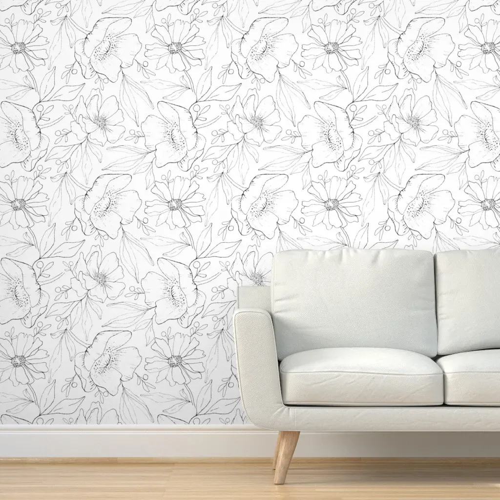 Serena Florals Line Art Peel and Stick Wallpaper - Black, White product