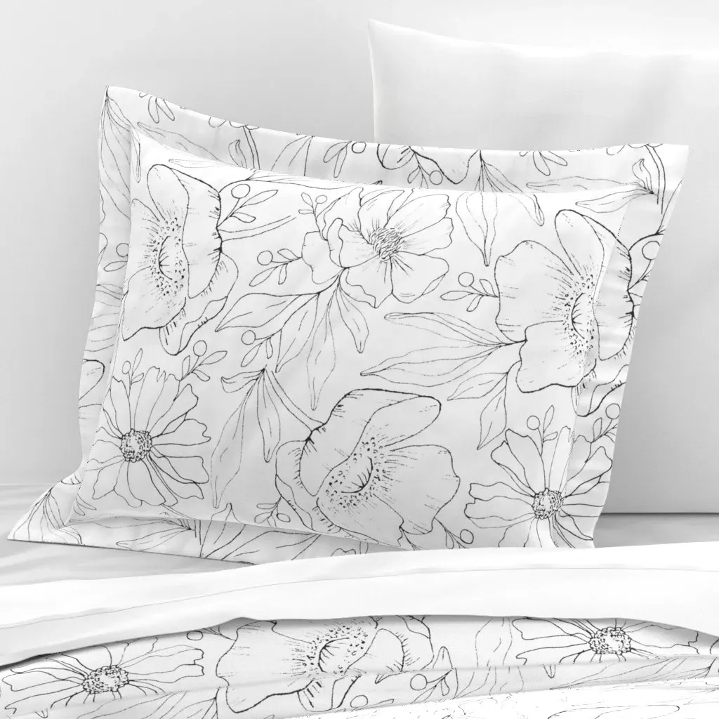 Serena Florals Line Art Standard Flanged Cushion - Black, Cotton Sateen product