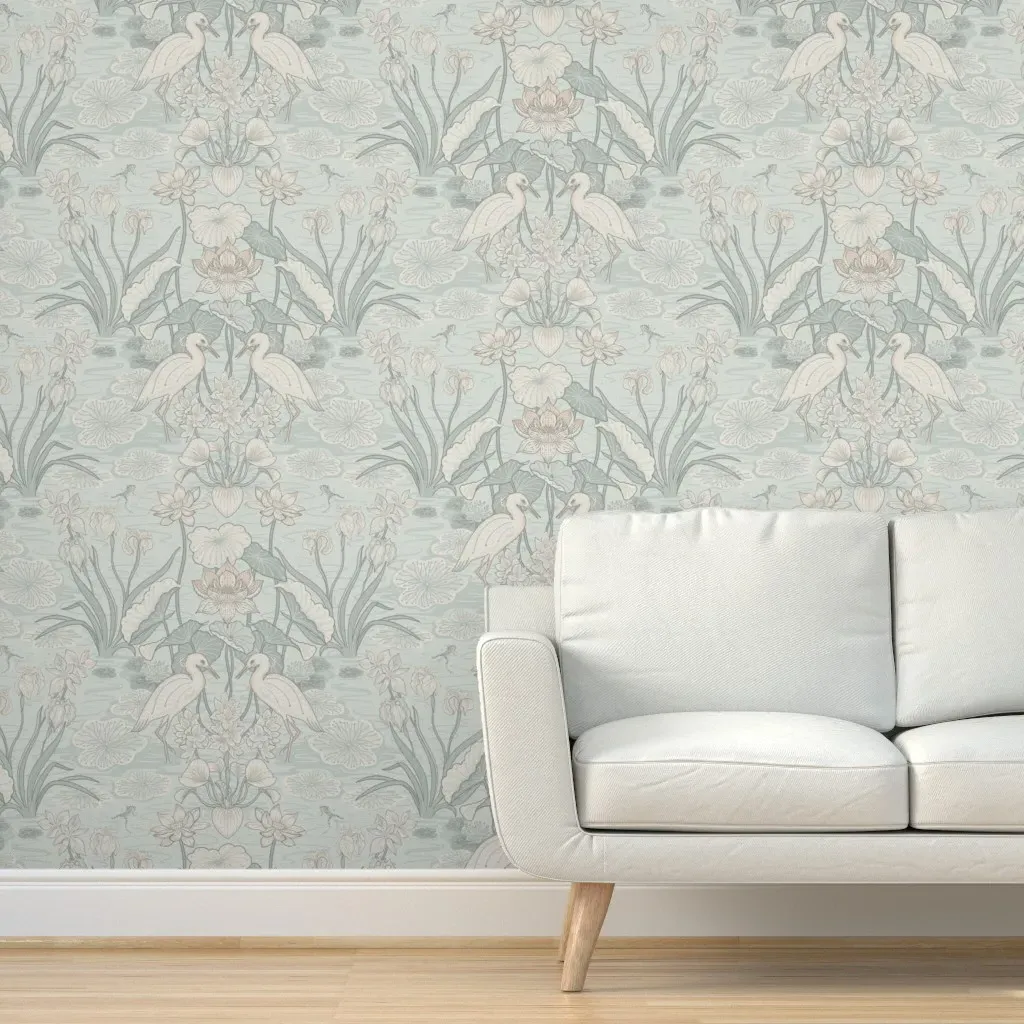 Serene Lotus Pond Peel and Stick Wallpaper - Pale Green product