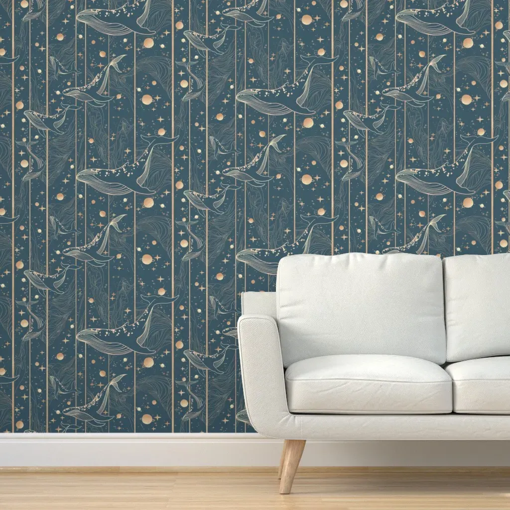 Serenity Streams With Whales Peel and Stick Wallpaper - Dark Teal product