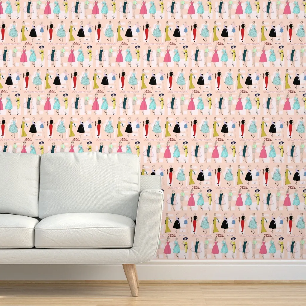 Sewing Patterns Of The 1950s Peel and Stick Wallpaper - Pink product