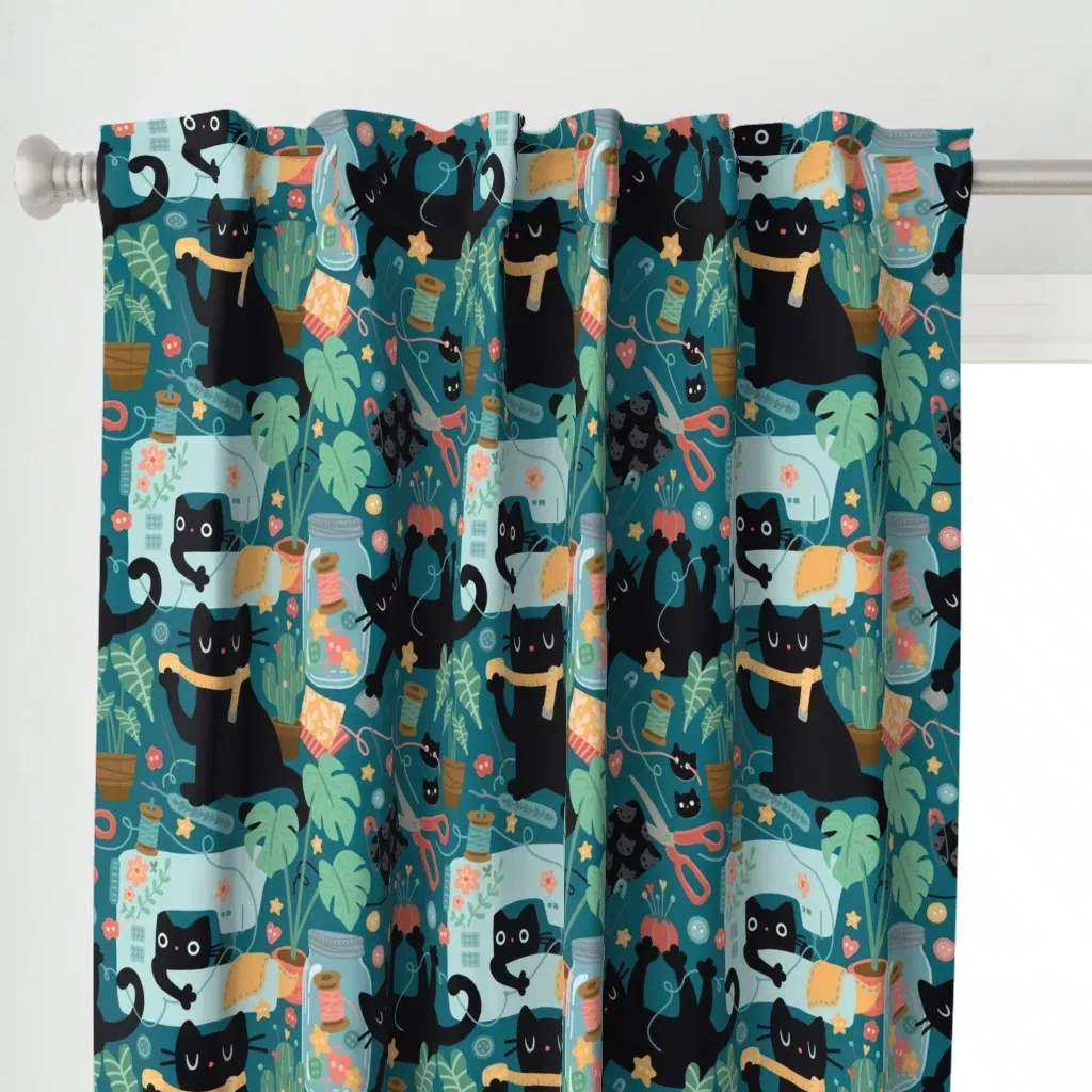 Sewing With Cats Curtain Panel - Teal alternate view