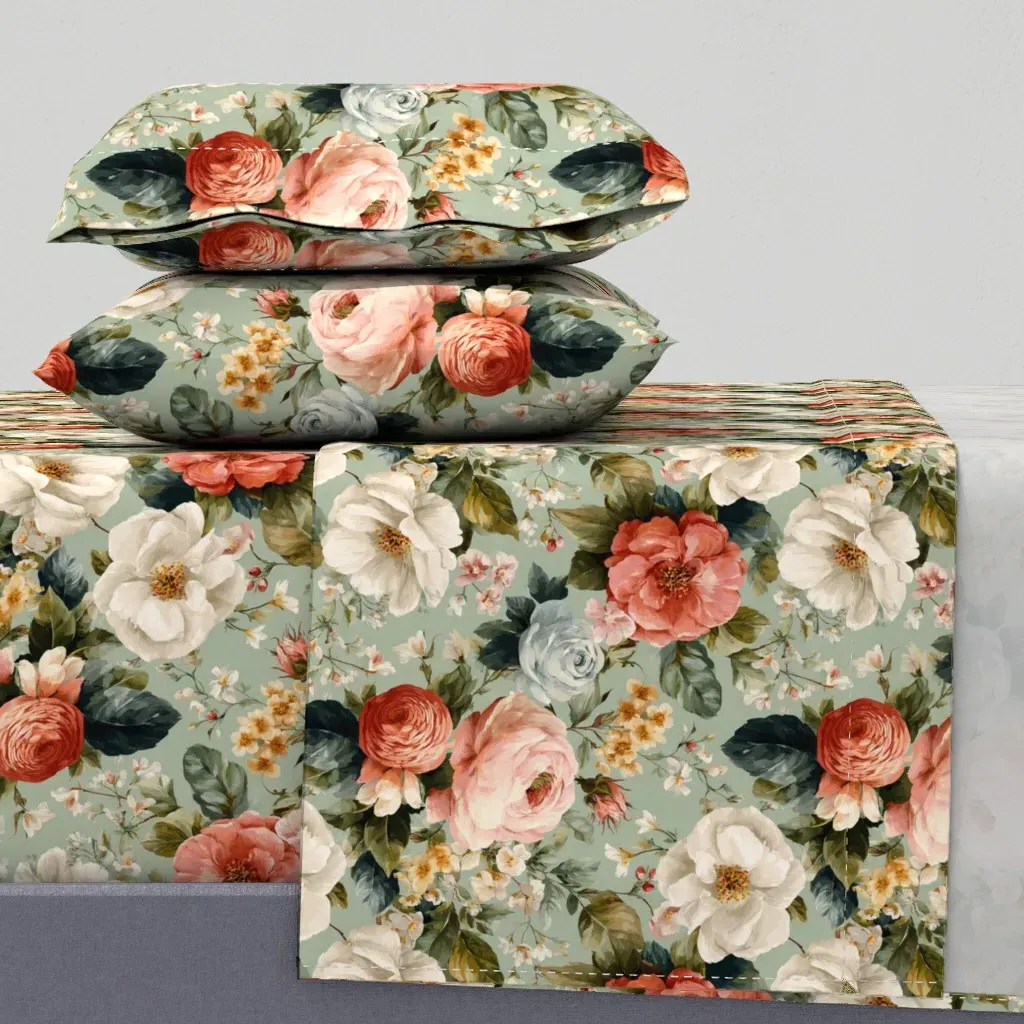 Shabby Chic Bouquets On Blue King Sheet Set - White product
