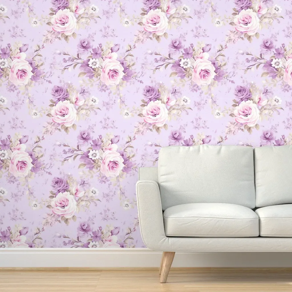 Shabby Chic Rose Peel and Stick Wallpaper - Lavender Purple product