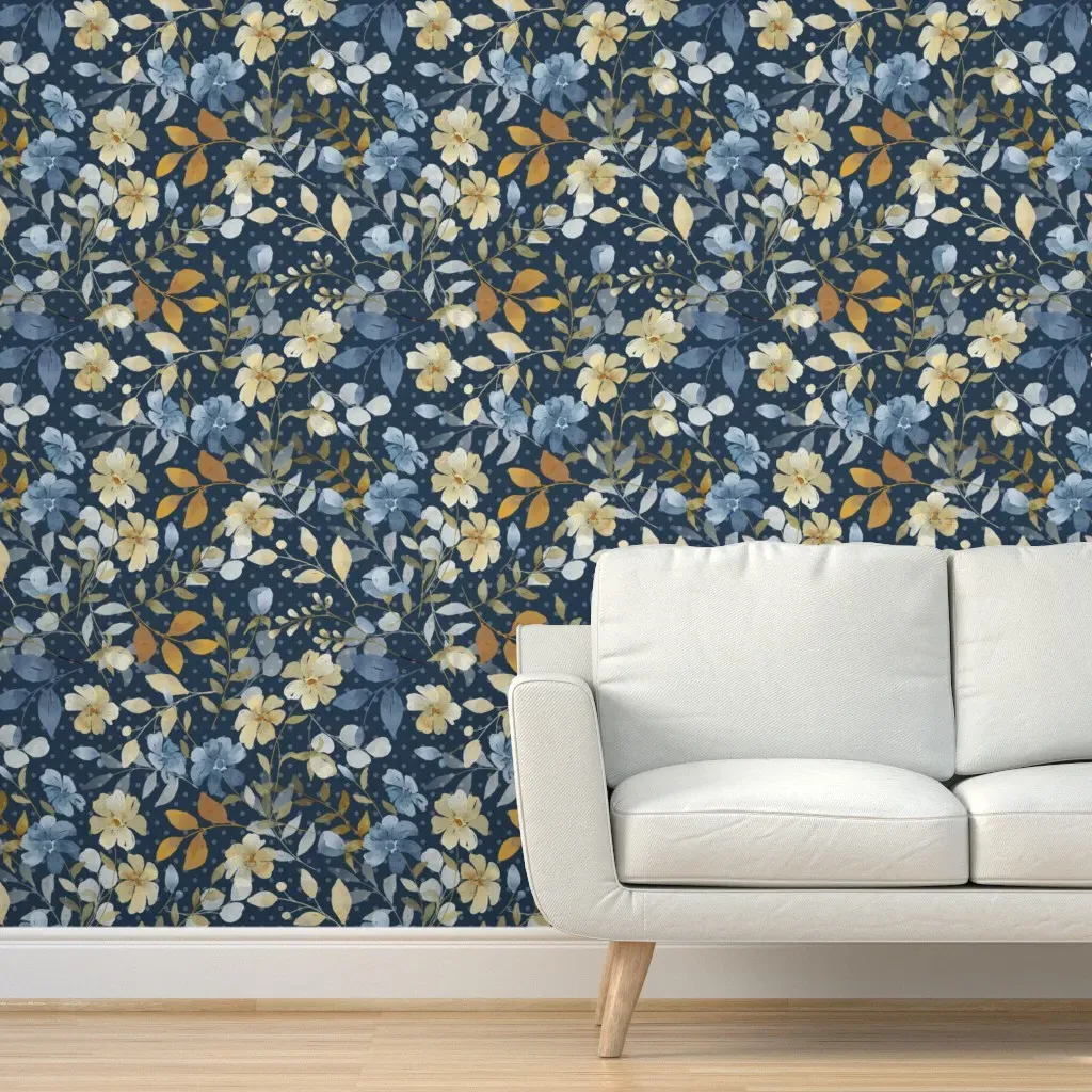 Shabby Watercolor Flowers Peel and Stick Wallpaper - Blue, Cream product