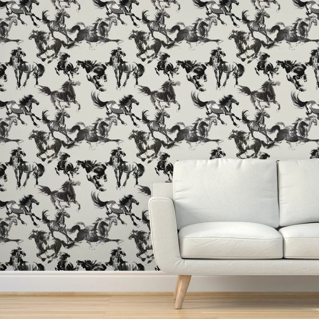 Shantung Horses India Ink Peel and Stick Wallpaper - Black, White product