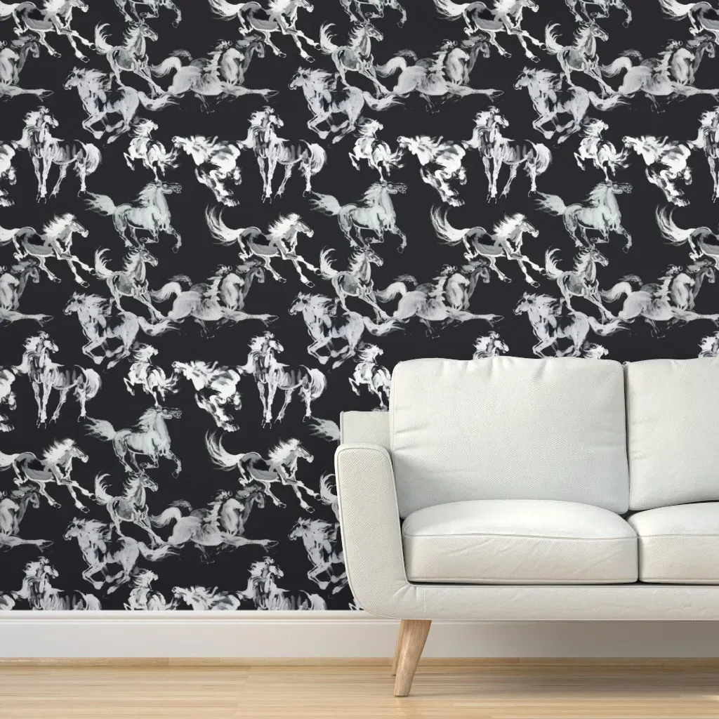 Shantung Horses Smoke Wisps Peel and Stick Wallpaper - Black, White product