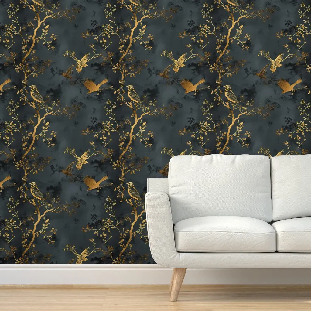 Shimmering Gold Birds Peel and Stick Wallpaper - Dark Gray product