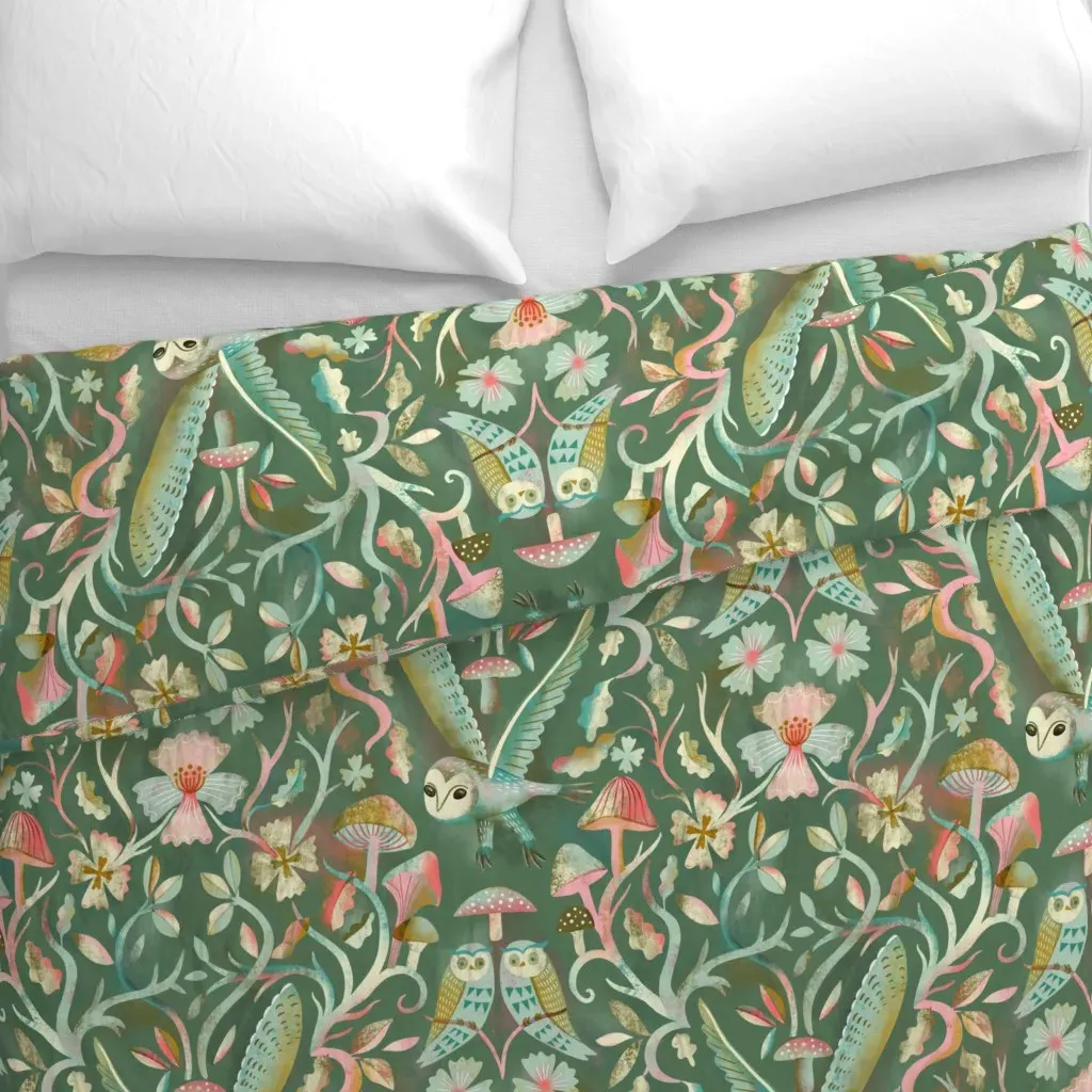 Silent Owl Flight Forest Duvet Cover - Sage Green alternate view