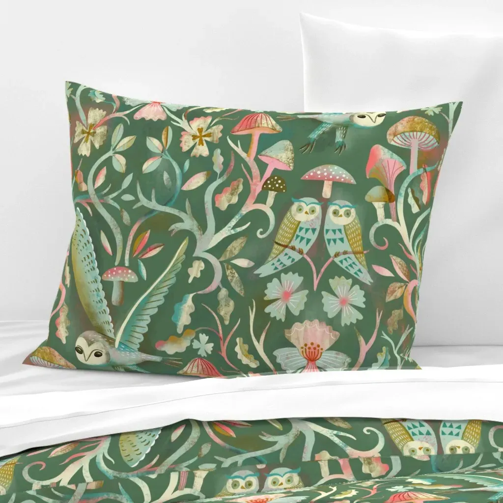 Silent Owl Flight Forest Standard Knife Edge Cushion - Sage Green, Cotton Sateen product