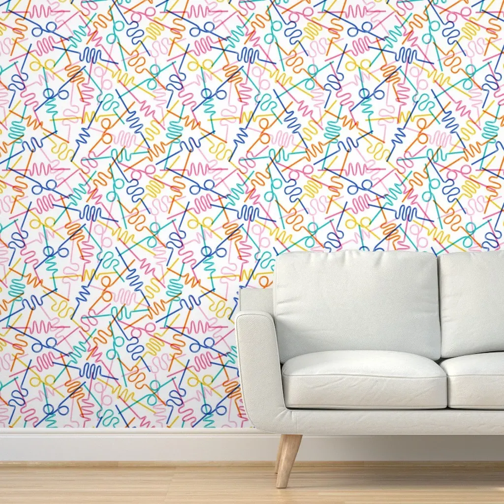 Silly Straws Sipping On Gin Or Juice Peel and Stick Wallpaper - Blue, Orange, Pink product