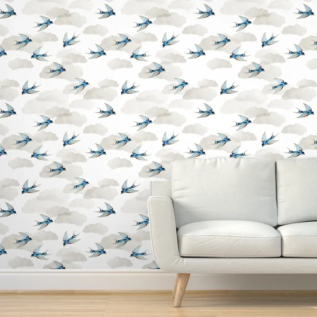 Singing Blue Birds Swallows & Clouds Peel and Stick Wallpaper - Blue product