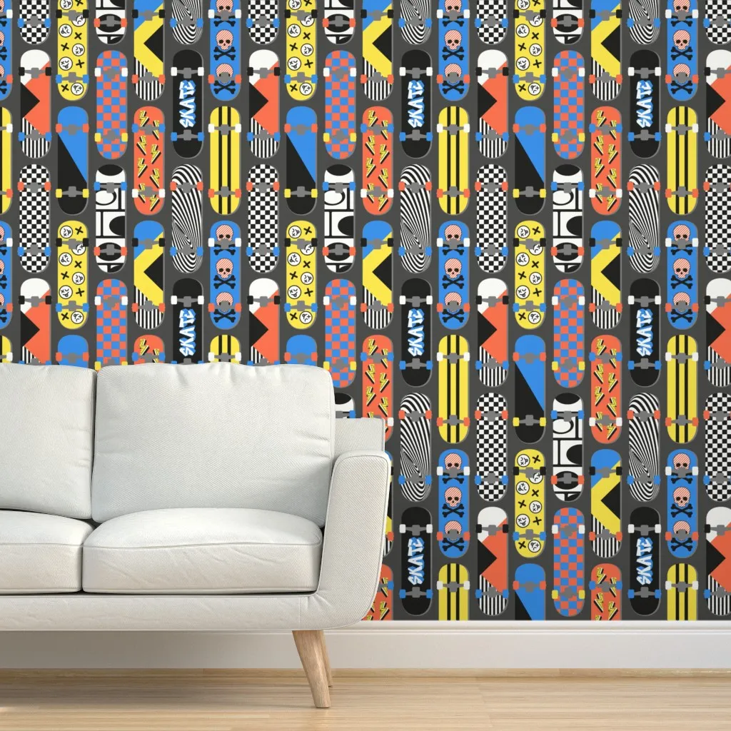 Skateboards 90's Bold Colors Peel and Stick Wallpaper - Ebony Gray product