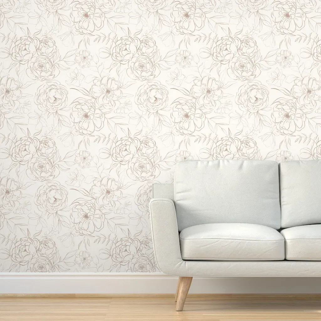Sketch Peonies Peel and Stick Wallpaper - Beige, White product