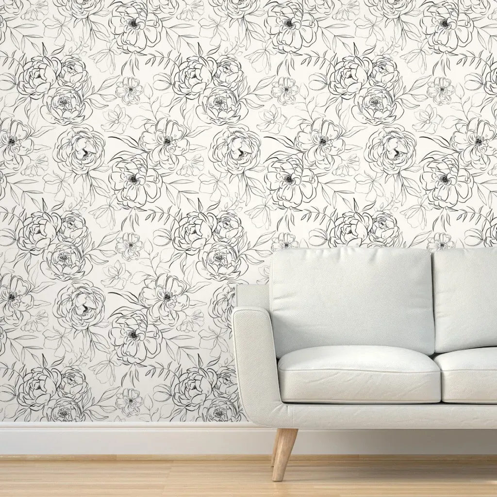 Sketch Peonies Peel and Stick Wallpaper - Black, Off-White product