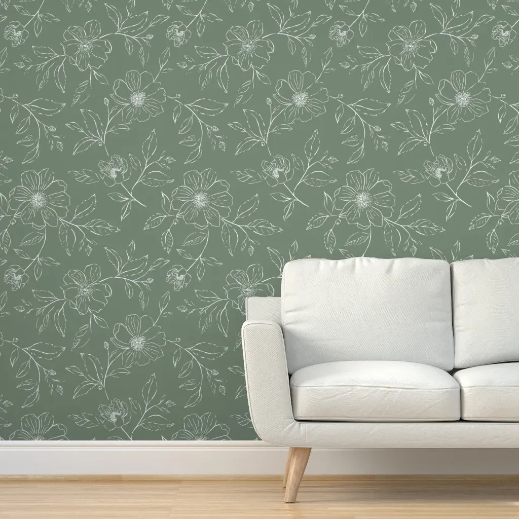 Sketched Boho Flowers Peel and Stick Wallpaper - Dark Celadon Green product