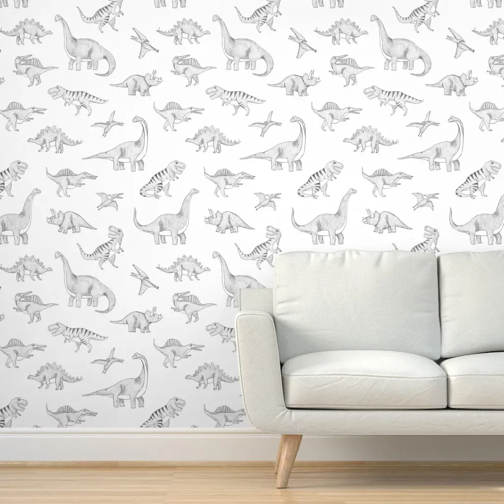 Sketched Dinosaurs Peel and Stick Wallpaper - Black and White product
