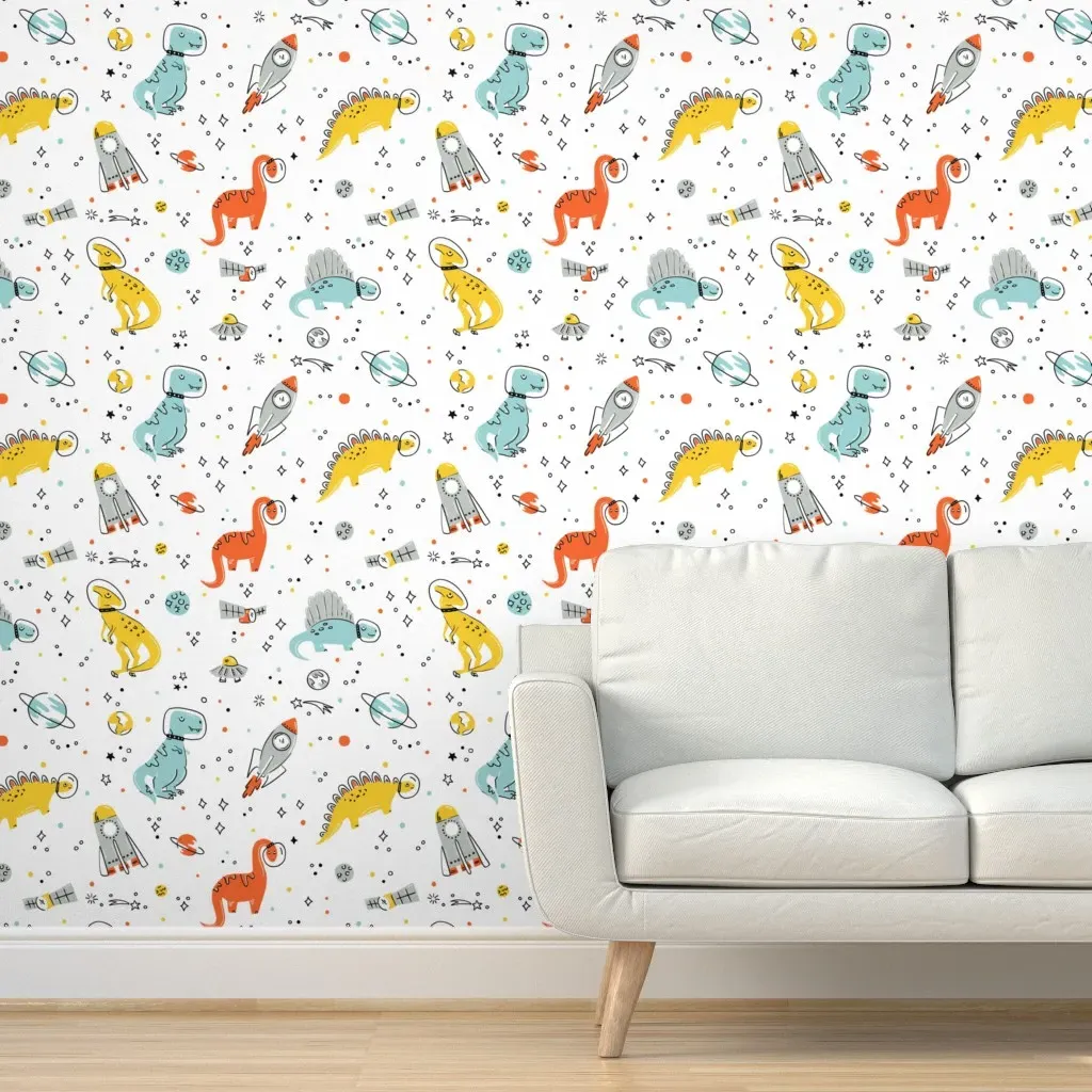 Sketchy Space Dinosaurs Peel and Stick Wallpaper - White, Orange, Green product