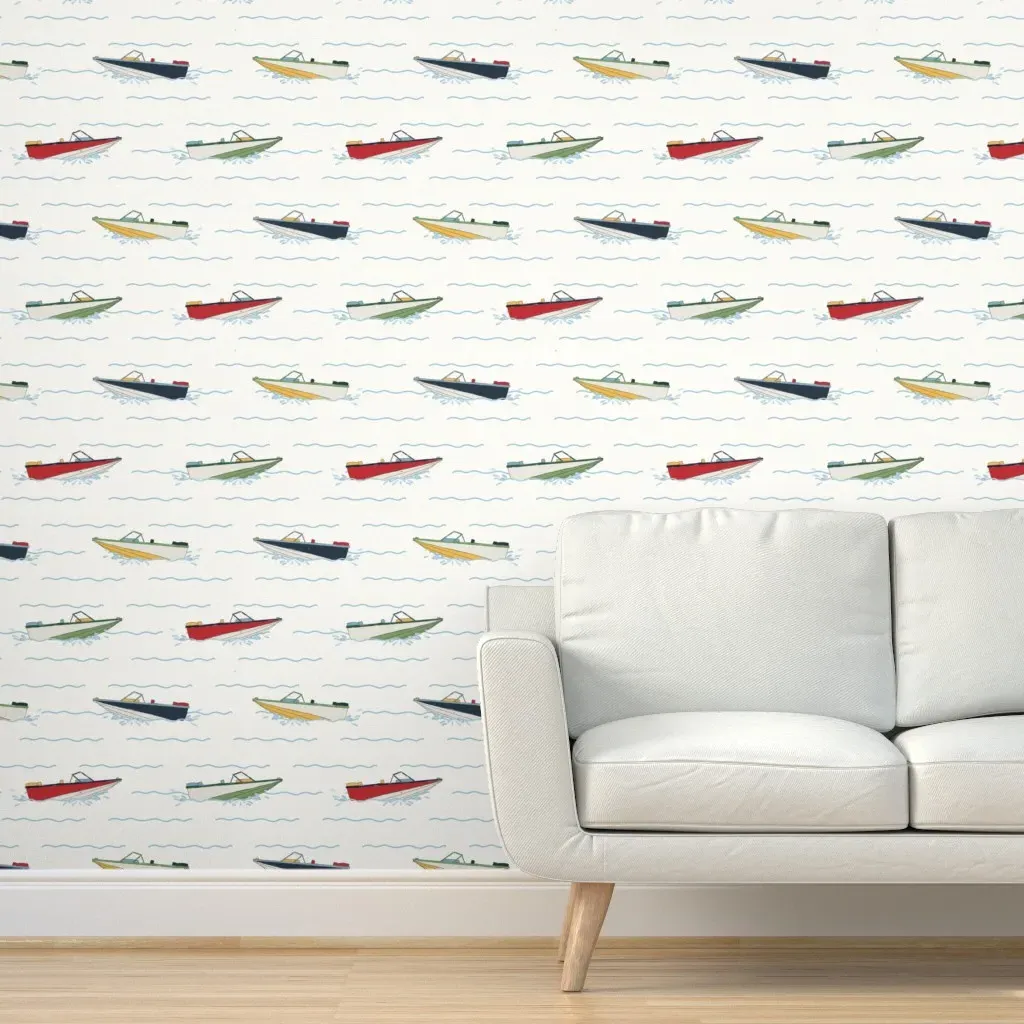 Ski Boats Lake Life Peel and Stick Wallpaper - White product