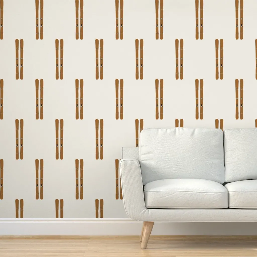 Ski Gear Skis on Cream Peel and Stick Wallpaper - Brown product