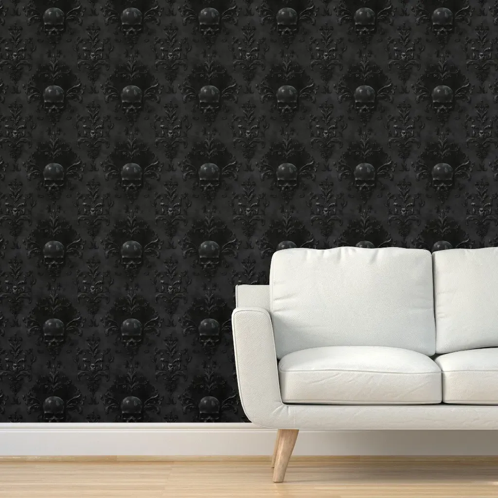 Skull Damask Noir Peel and Stick Wallpaper - Dark Gray product