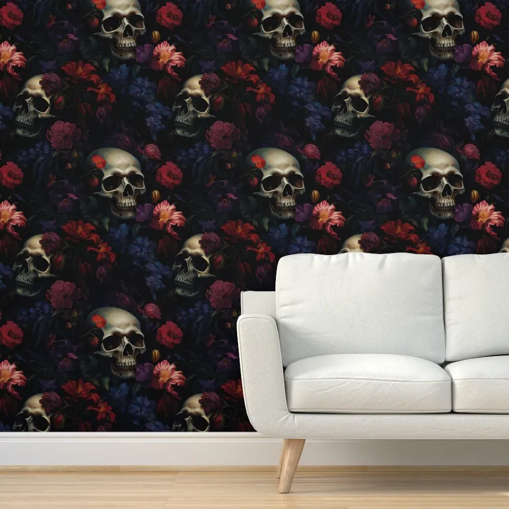 Skulls and Flowers Peel and Stick Wallpaper - Dark Red product