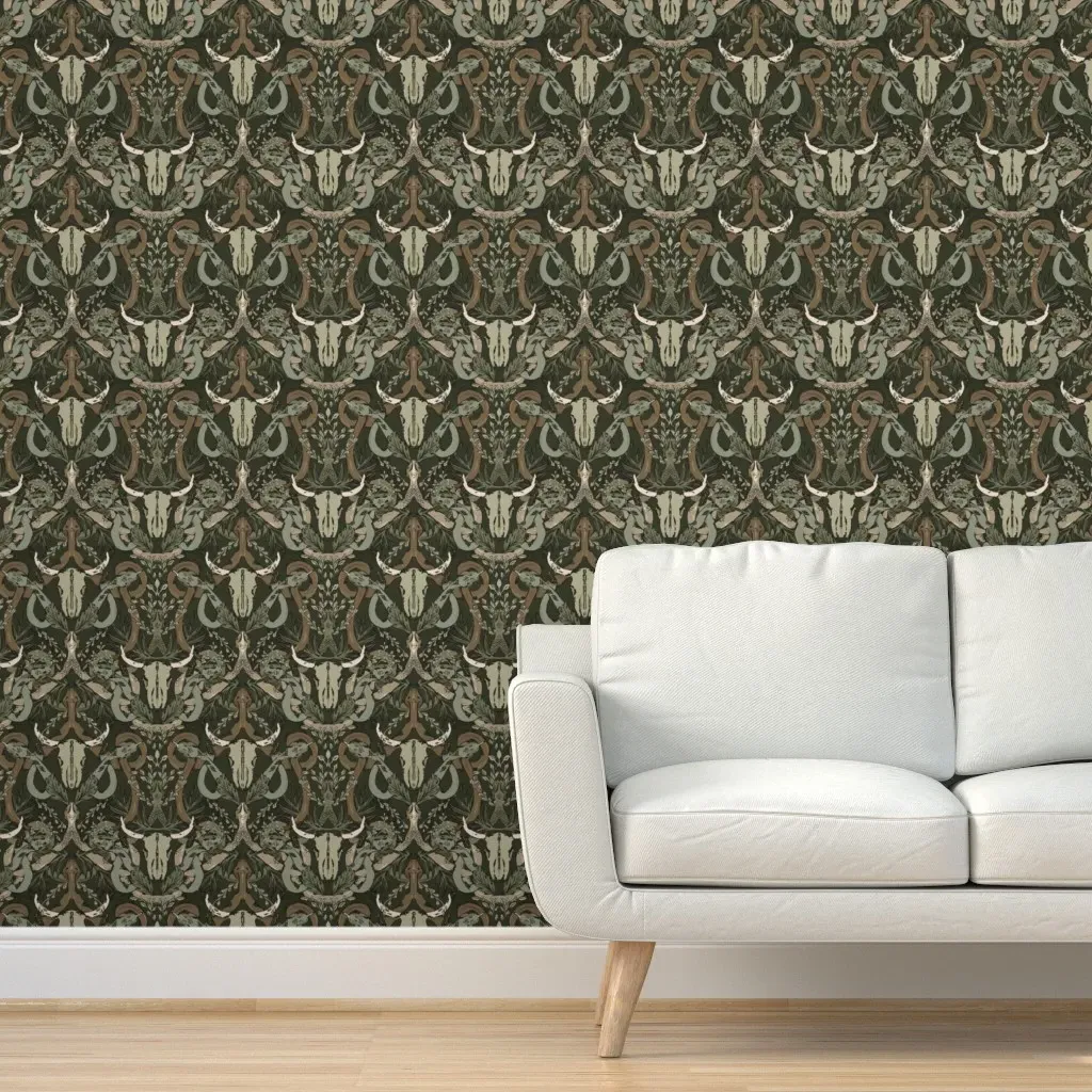 Skulls and Snakes Damask Peel and Stick Wallpaper - Dark Olive Green product