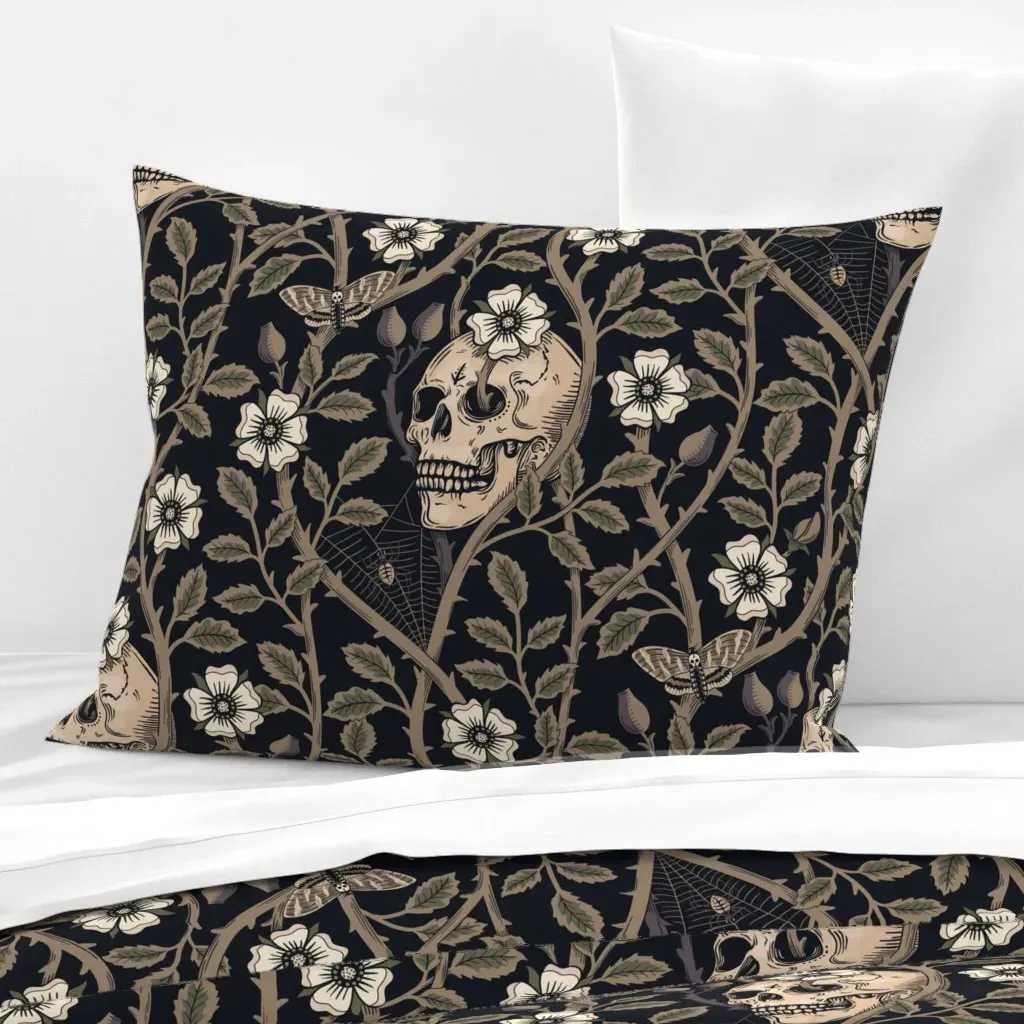 Skulls Climbing Rose Vines Gothic Standard Knife Edge Pillow - Olive Black, Cotton Sateen product