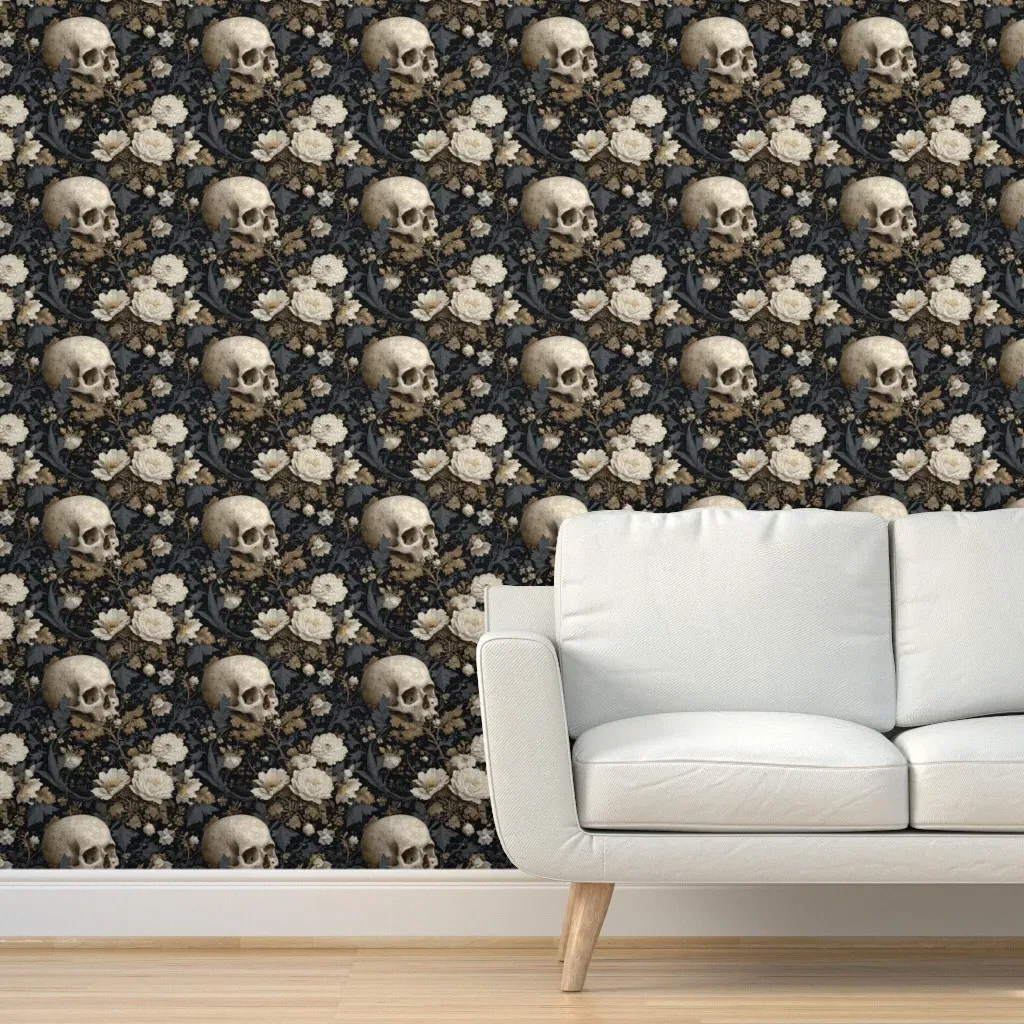 Skulls with White Flowers and Blue Flourishes Peel and Stick Wallpaper - White product