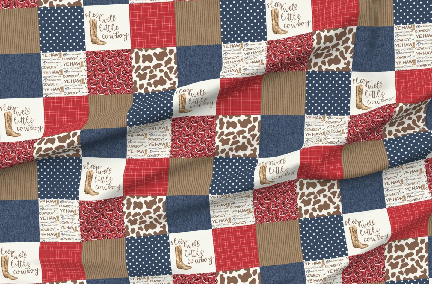 Sleep Well Little Cowboy Wholecloth Cheater Quilt Fabric - Red, Cotton product