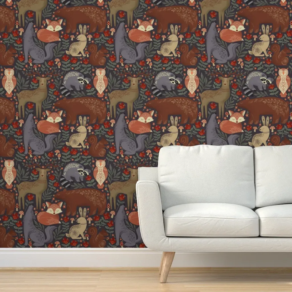 Sleepy Woodland Creatures Peel and Stick Wallpaper - Dark Brown product
