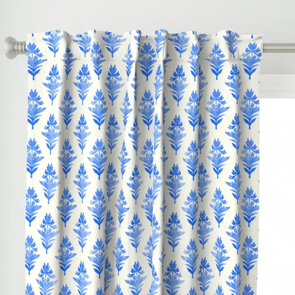 Small Block Print Lotus Curtain Panel - Blue alternate view