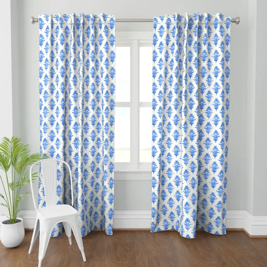 Small Block Print Lotus Curtain Panel - Blue product