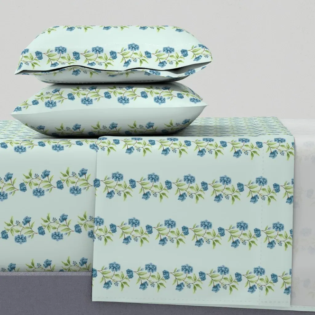 Small Blue Peony Chinoiserie Border Full Sheet Set - Light Blue product
