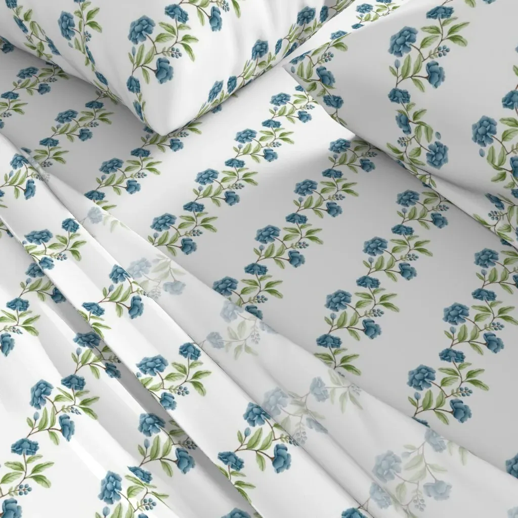 Small Blue Peony Chinoiserie Border King Sheet Set - Blue, White alternate view