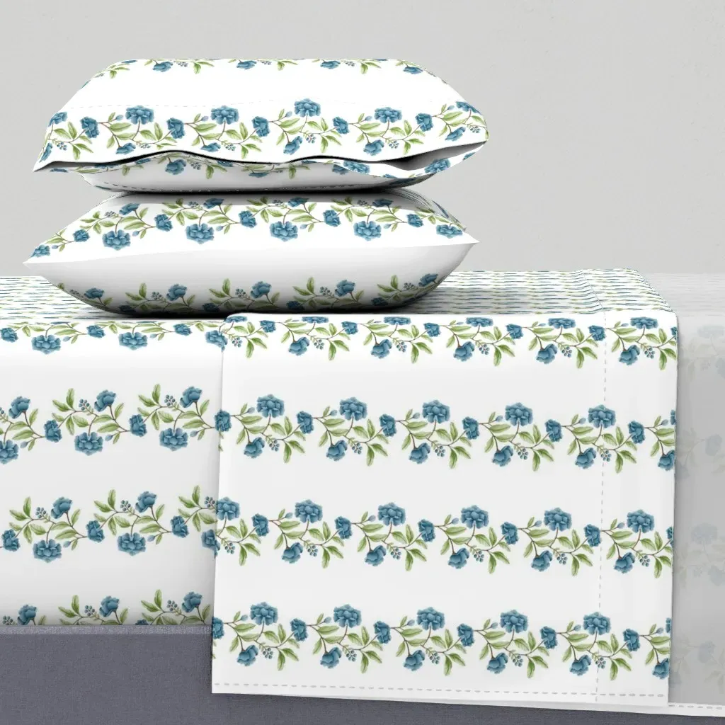 Small Blue Peony Chinoiserie Border King Sheet Set - Blue, White product