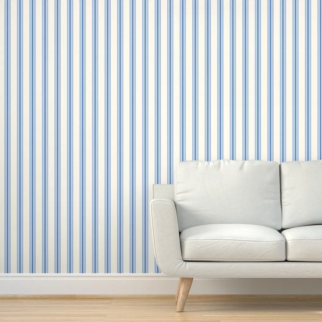 Small Blue Stripes on Cream Peel and Stick Wallpaper - Blue product