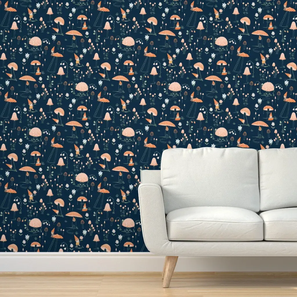 Small Cute Mushrooms And Gnomes Peel and Stick Wallpaper - Dark Blue product
