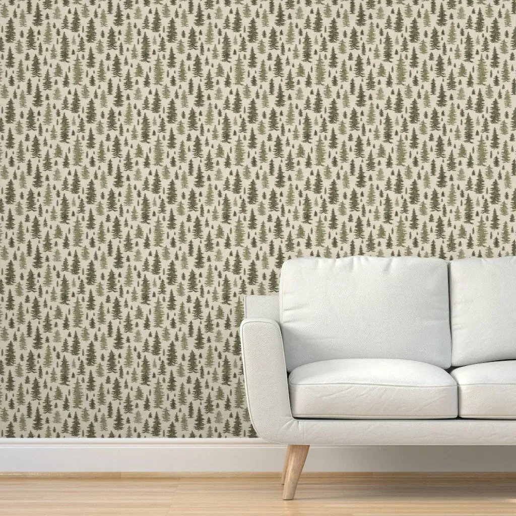 Small Rustic Pine Trees Peel and Stick Wallpaper - Dark Green, Beige product