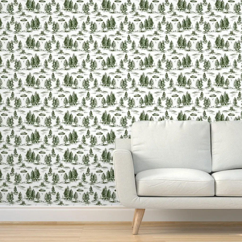 Small-Scale Alien Abduction Toile De Jouy Peel and Stick Wallpaper - Dark Green, White product