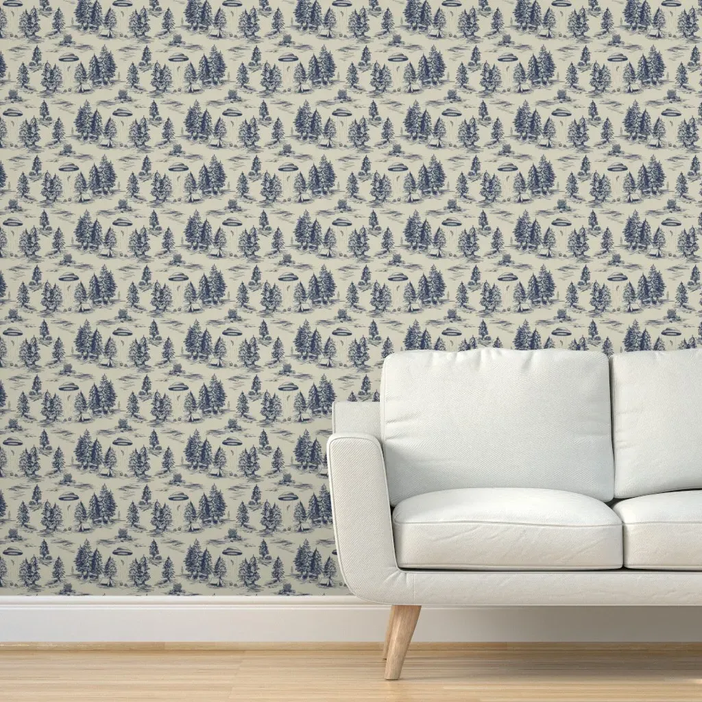 Small-Scale Blue Alien Abduction Toile Peel and Stick Wallpaper - Blue product