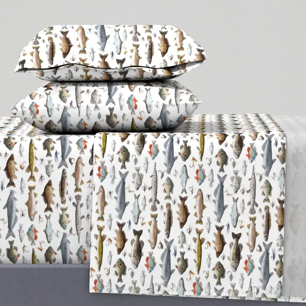 Small Scale Fish With Flies Cal King Sheet Set - White product