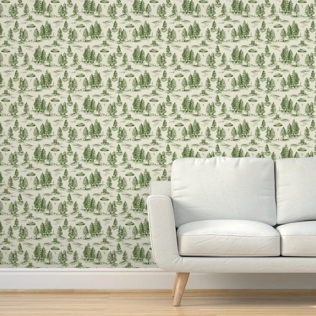 Small-Scale Green Alien Abduction Toile De Jouy Peel and Stick Wallpaper - Green product
